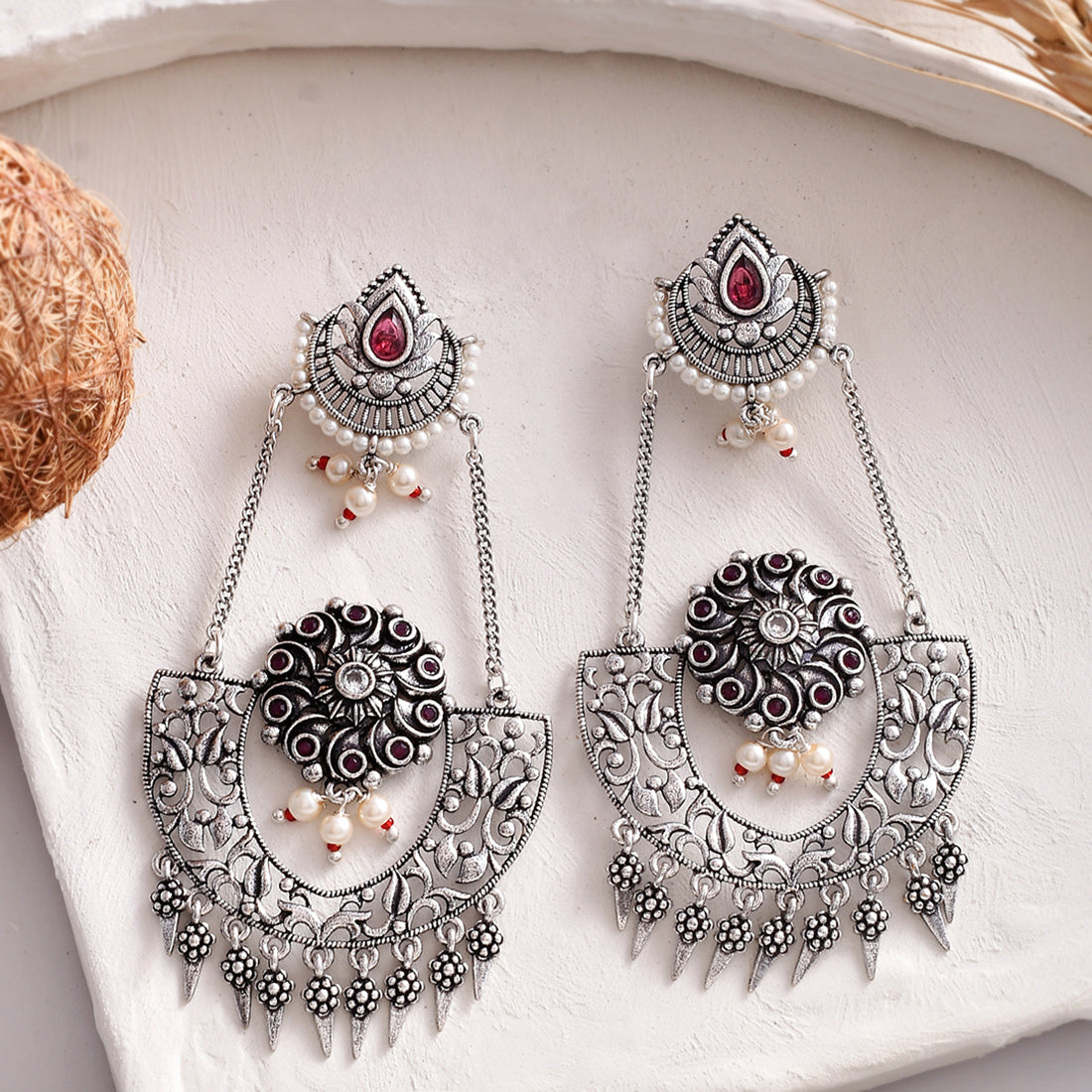 Buy Voylla Silver Thikri Chandbali Mirror Work Earrings online