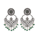 Abharan Jaali Pattern Green Stones and White Pearls Earrings