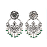 Abharan Jaali Pattern Green Stones and White Pearls Earrings