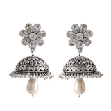 Abharan Teardrop Cut White and Pearls Floral Jhumka Earrings