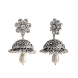 Abharan Teardrop Cut White and Pearls Floral Jhumka Earrings