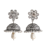 Abharan Teardrop Cut White and Pearls Floral Jhumka Earrings