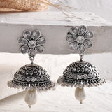 Abharan Teardrop Cut White and Pearls Floral Jhumka Earrings