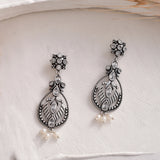 Abharan Oxidised Silver Plated White Pearls Drop Earrings