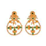 Abharan Floral Motif Teardrop Cut Green Stones and Pearls Drop Earrings