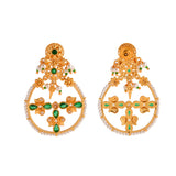 Abharan Floral Motif Teardrop Cut Green Stones and Pearls Drop Earrings