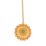 Abharan Yellow Gold Plated Round Cut Green Stone Ethnic Maang Tika