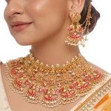 Apsara Bridal Red Enamelled with Pearl Lotus Jewellery Set